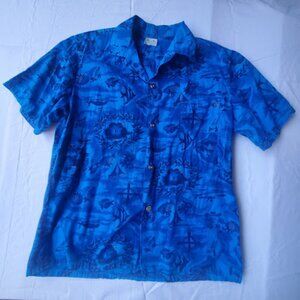 Vintage 1960s Blue Hawaiian Shirt Men's Size S/M Island Map Gold Short Sleeve